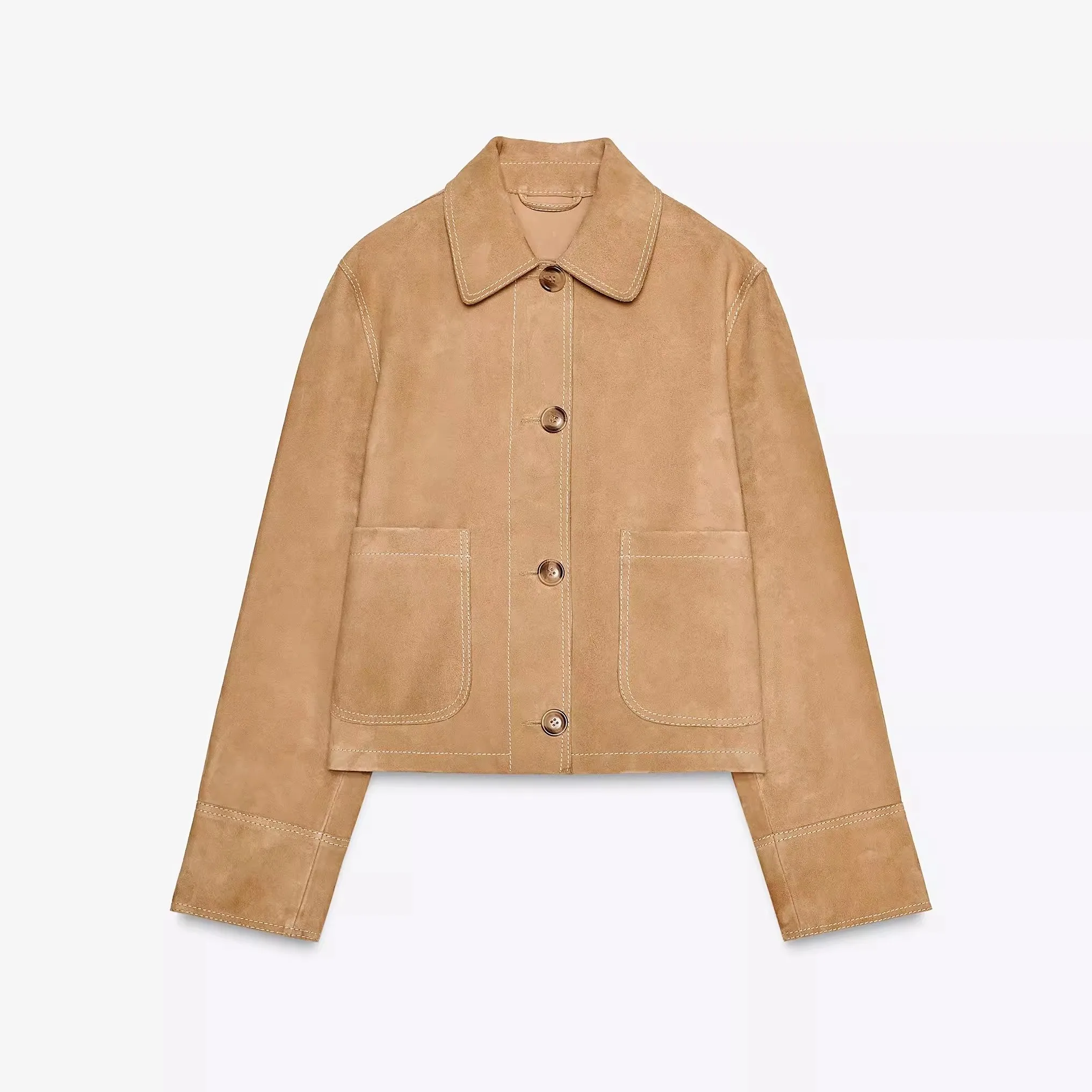 Spring 2025 Women's ZW Series Leather Jaet Velvet Texture Classy Outerwear ort Sle Long Sve  Collar Single Button