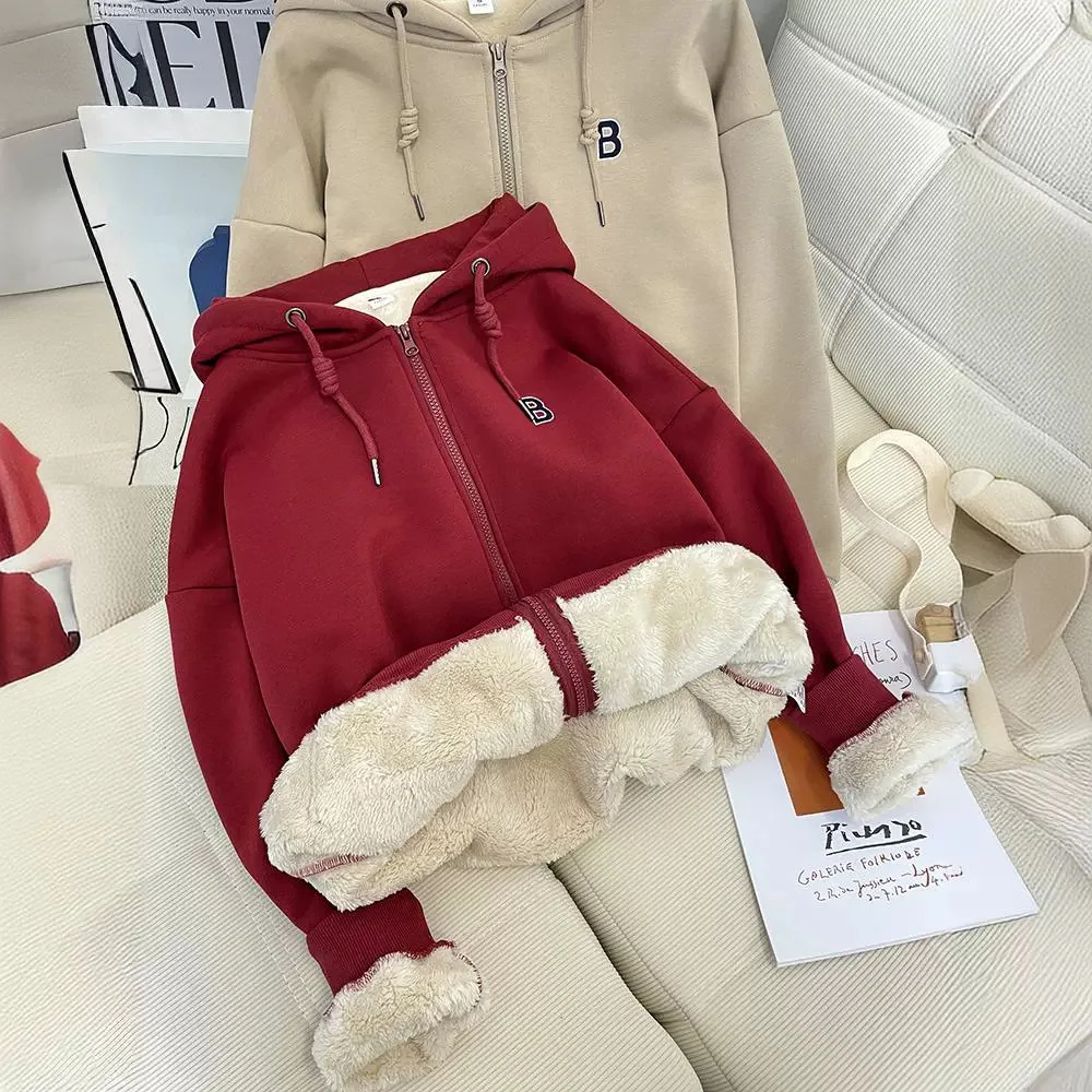 Padded Thickened Hooded Lamb's Wool Sweater Women's Fall and Winter Couple Models Loose Warm Long-sleeved Cardigan Zipper Jacket