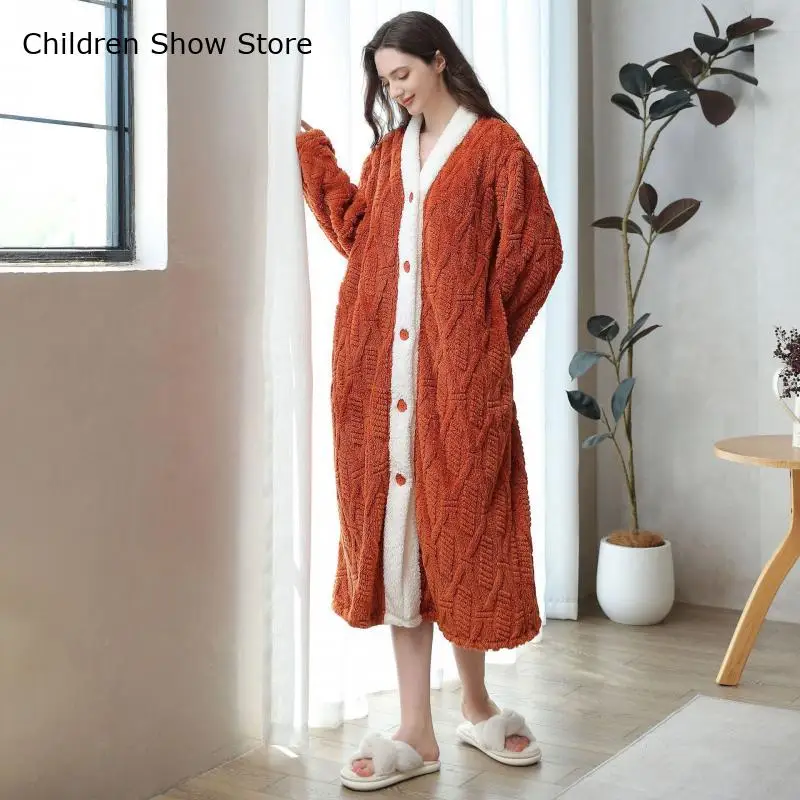 Sleepwear Winter Warm Kimono Nightgown Lady Thicken Fleece Jacquard Home Clothes Long Button Down Loungewear Peignoire Robe