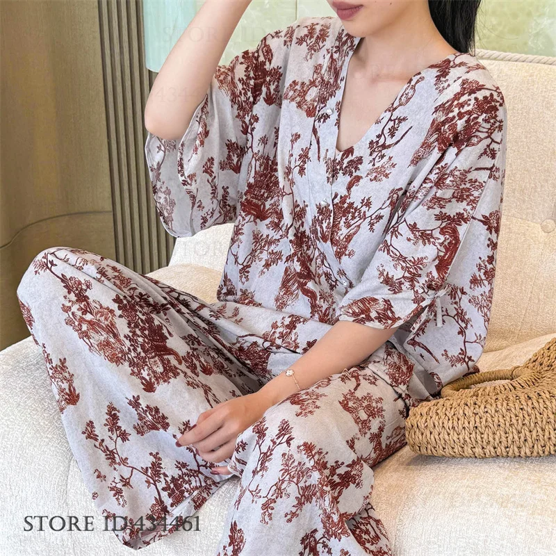 

Big Size Womens Pajamas Set Loungewear Chinese Style Print Floral Sleepwear Home Clothes Loose Viscose Pijamas Suit Loungewear