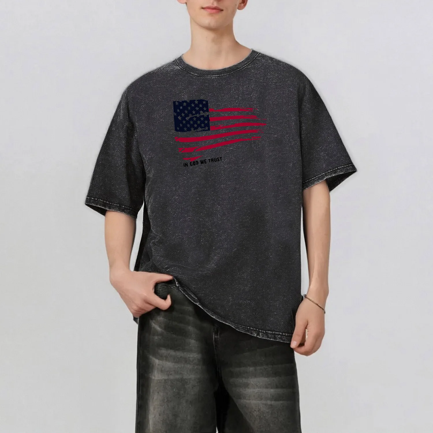 

The United States Flag Pattern Rint Men's Summer Retro Style Washed Water T-Shirt Casual Short Sleeved Basic Men's Top 230G