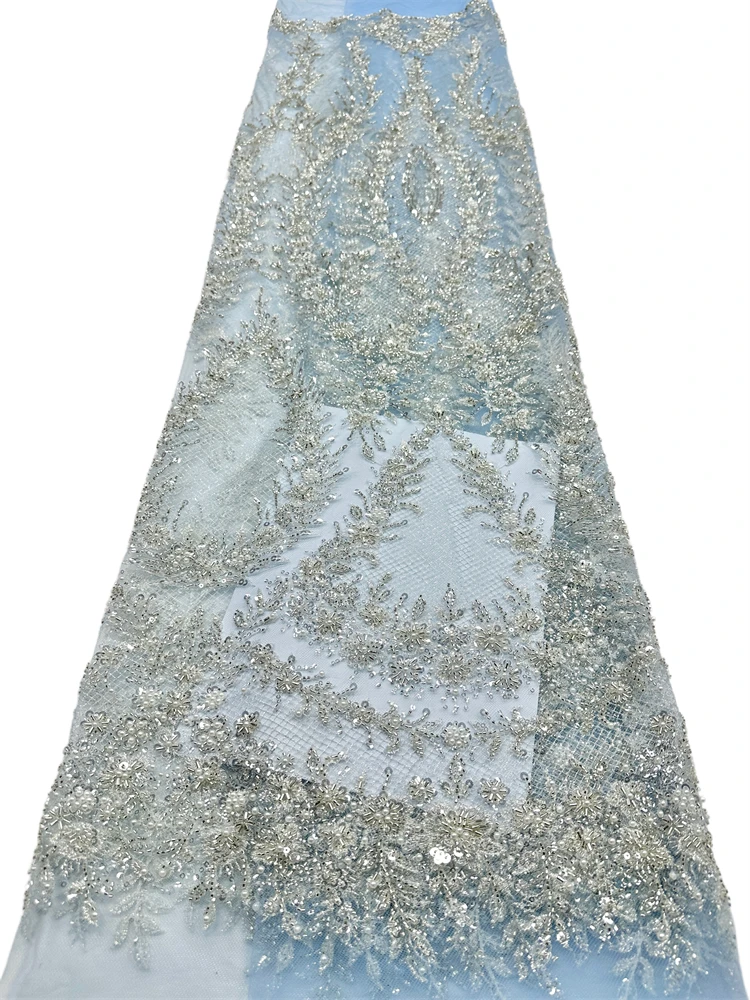 Glitter Tablecloth - アフリカビーズ付きチュールレース生地 2026 高品質フランスナイジェリアスパンコール刺繍レース パーティードレス縫製用 5ヤード