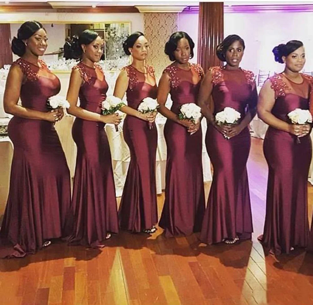 

Sexy Illusion Mermaid Bridesmaid Dresses Scoop Sleeveless Floor-Length Applique Beaded Satin long Wedding Party Events