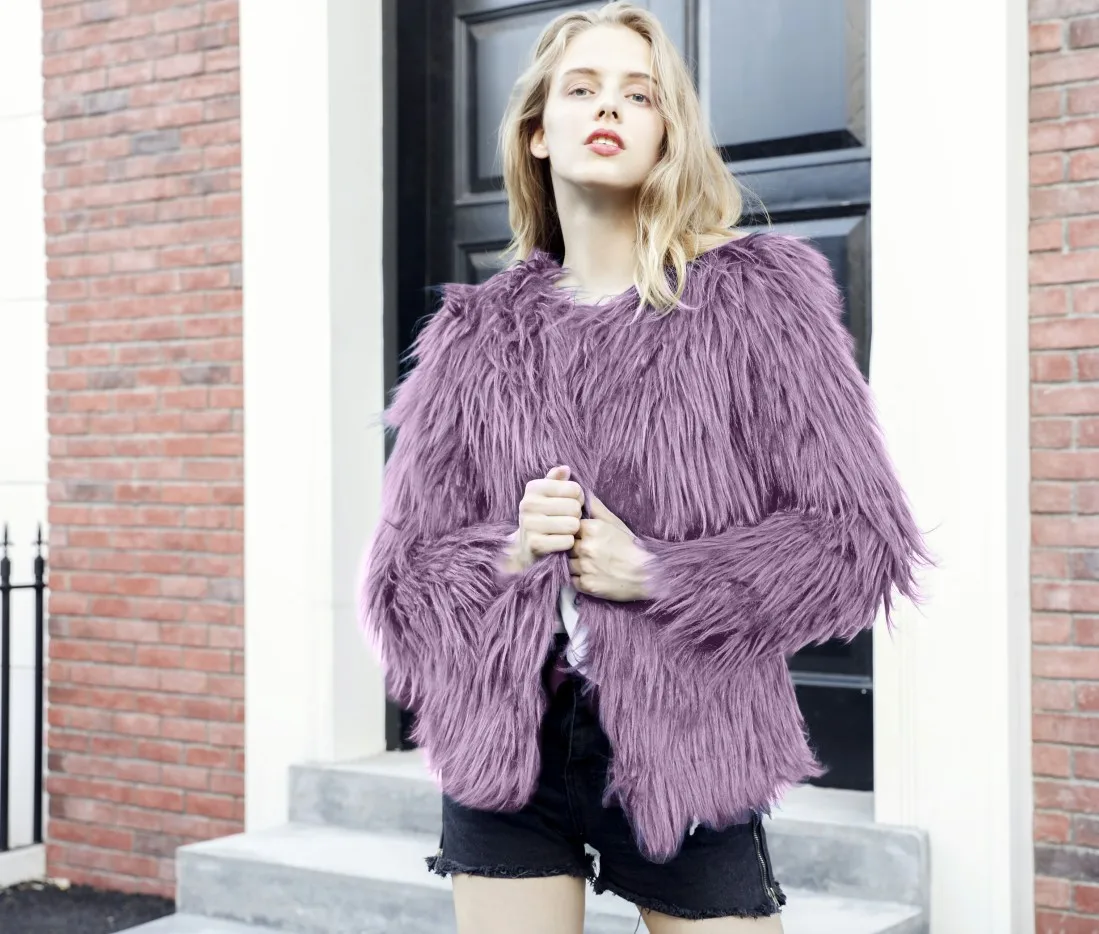 

For Lady Long Female Fluff Eco Faux Fur Jacket Winter Women Eco Coat Round Neck Plush Faux Jacket
