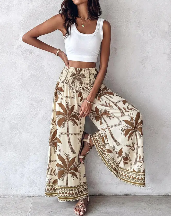 Women's Pants 2026 Spring Summer New Vintage Plants Print High Waist Shirred Elastic Waist Vacation Casual Wide Leg Pants