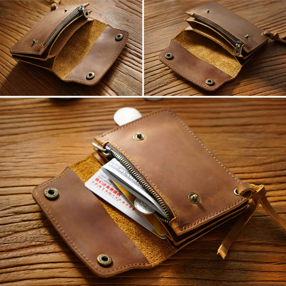 Men's and Women's Handmade Leather Cowhide Short Wallet, Retro Crazy Horse Leather Zipper Card bag, Coin Wallet