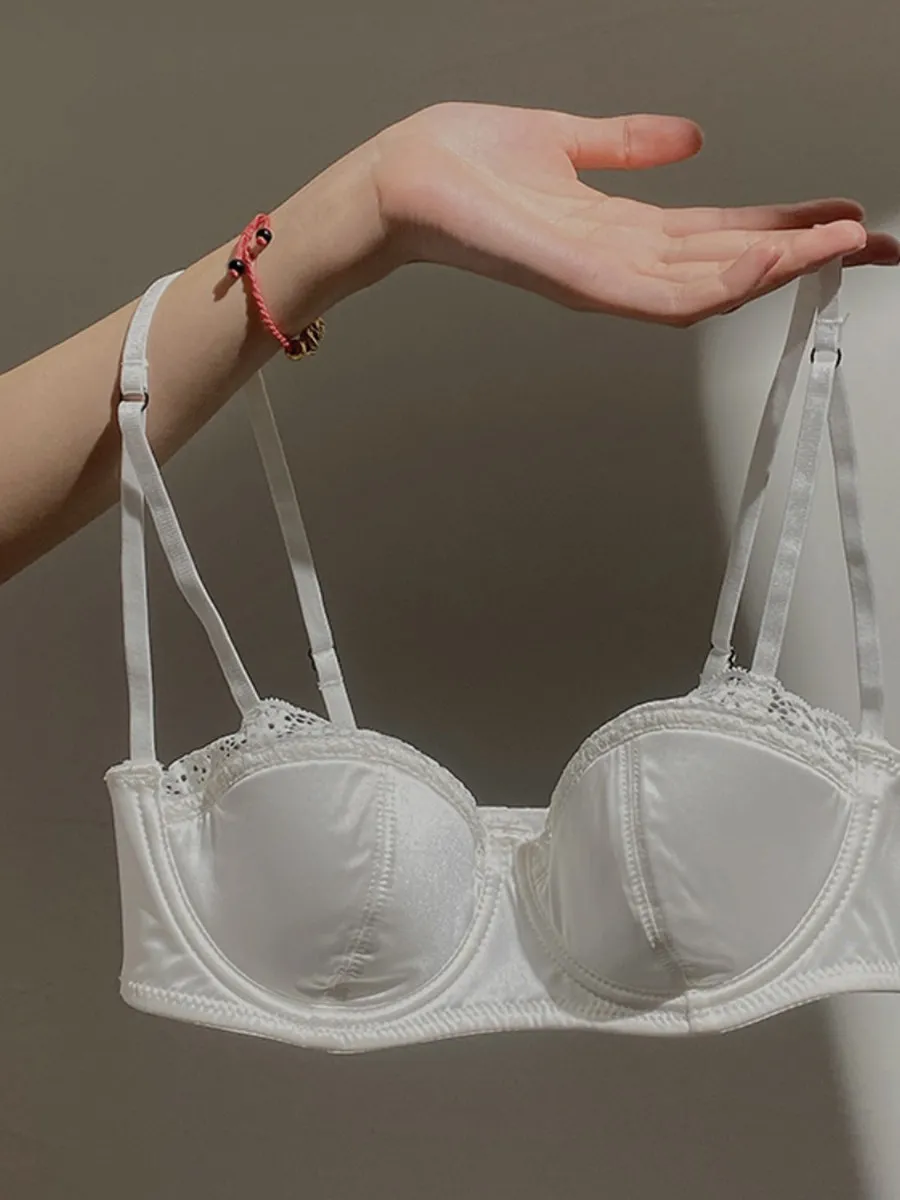 Conjunto de sujetador fino con aros, minimizador, push-up, sin espalda, de encaje francés transparente, sexy, de última tendencia, antideslizante, con cobertura lateral para mujer