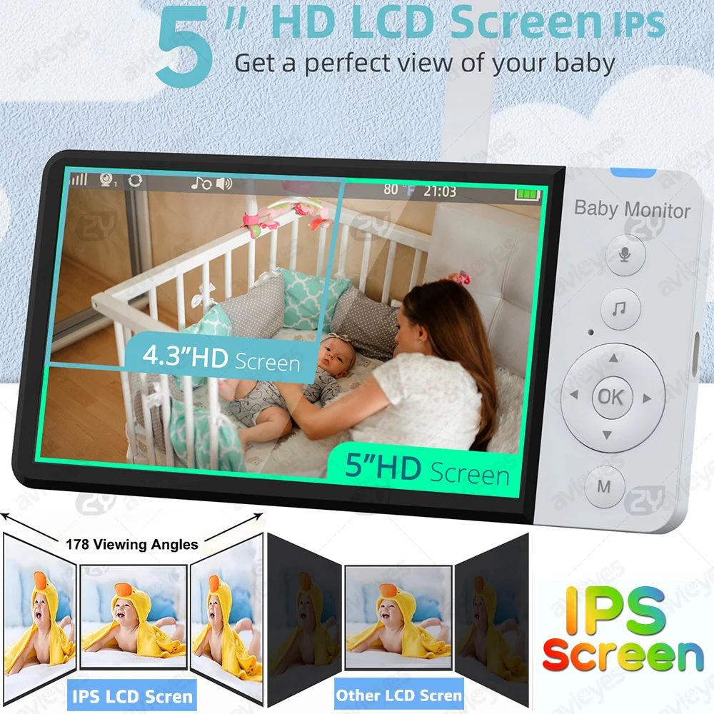 Vídeo sem fio Baby Monitor com babá, câmera PTZ, bateria 5000mAh, tela IPS, babá, 2-Way Audio, SD Card Record, 5"