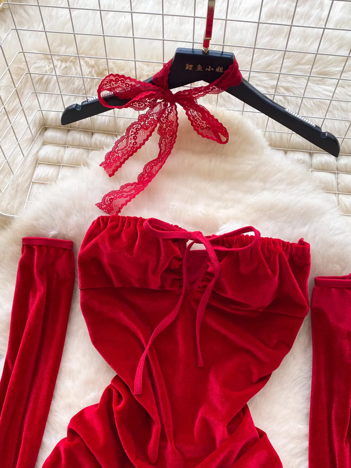 Women's Red Velvet Dress Sets Vintage Vintage Sexy Erotic G-String Thong Two Piece Suit Dress Outfit 2000s Clothes Summer 2026