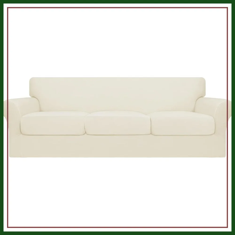 

4-Piece Stretch Couch Cover for Dogs, Washable Sofa Slipcover for 3 Cushion Couch, Elastic Furniture Protector, Ivory