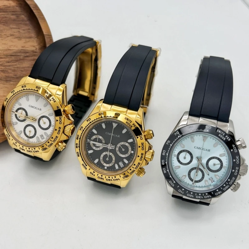 

GMOGAR Black Silicone Strap Sapphire Glass Dittona Chronograph Watch Japan VK63 Quartz Movement with Ceramic Bezel Safety Buckle