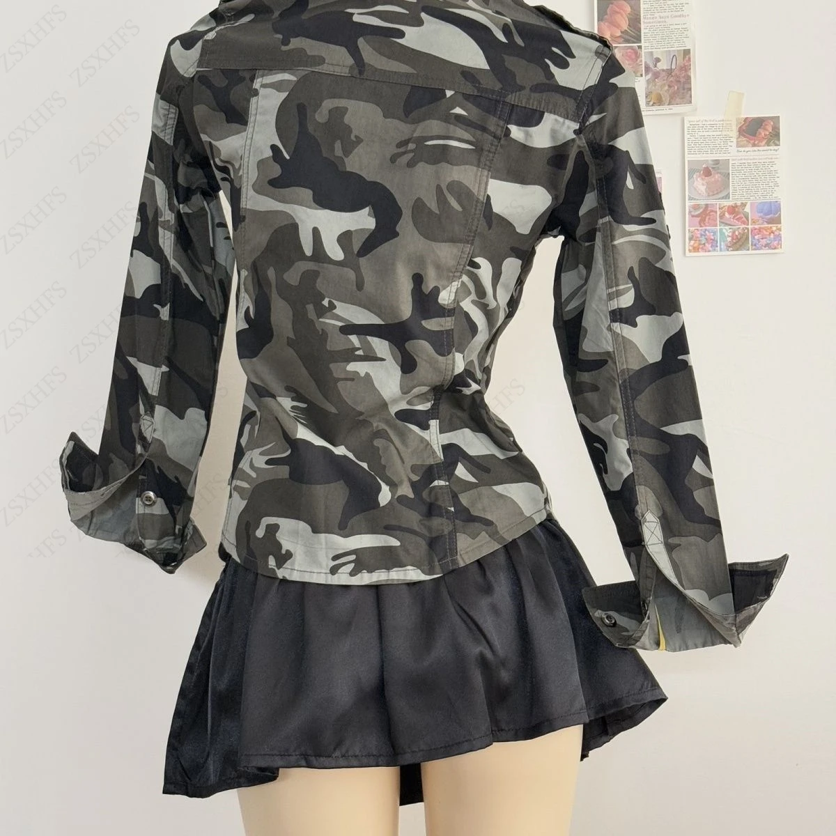 เสื้อเชิ้ตคาร์โก้ลายพรางสำหรับผู้หญิง แฟชั่นสตรีทสุดฮิต สไตล์เซ็กซี่ลำลอง ทรงเข้ารูป แขนยาว สไตล์อเมริกัน วินเทจ แคชชวล ยุค Y2K