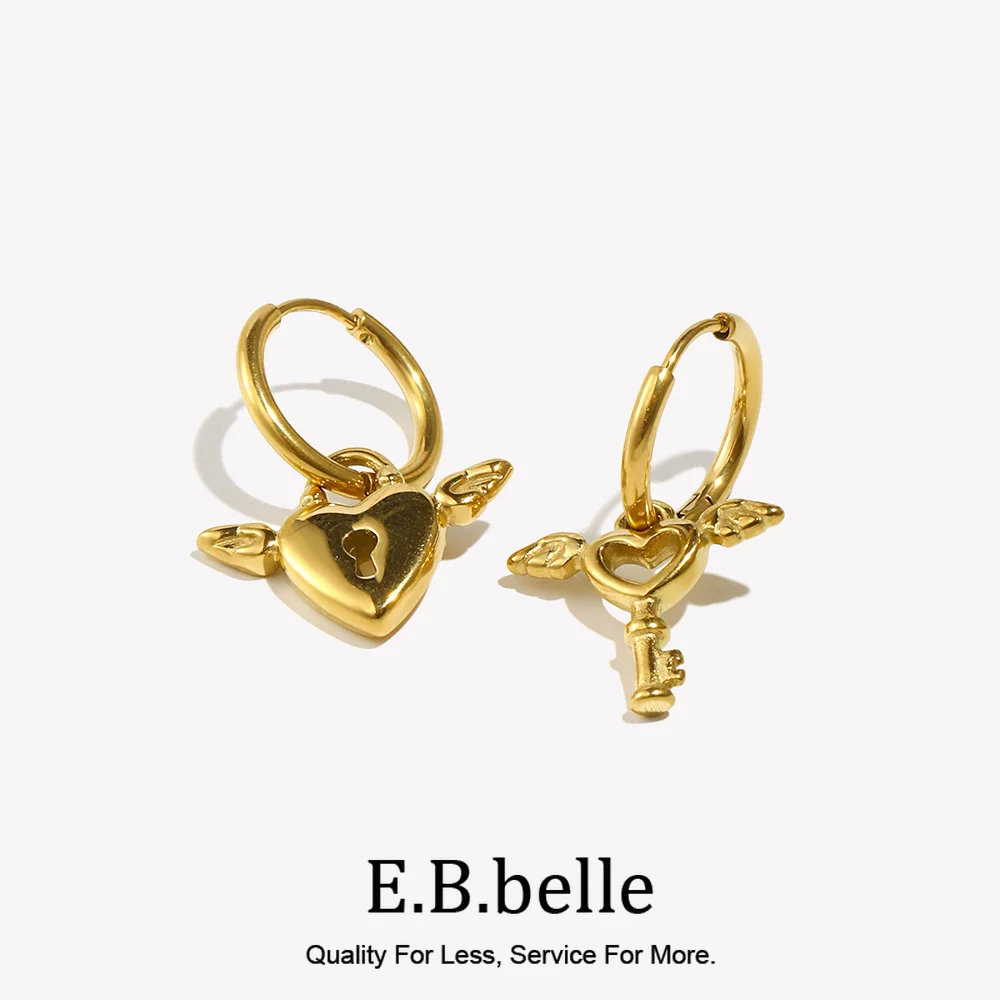 E.B.belle  Asymmetrical Angel Cupid Heart Lock and Key Charm Small Huggies Earrings Fashion Stainless Steel Drop Earring