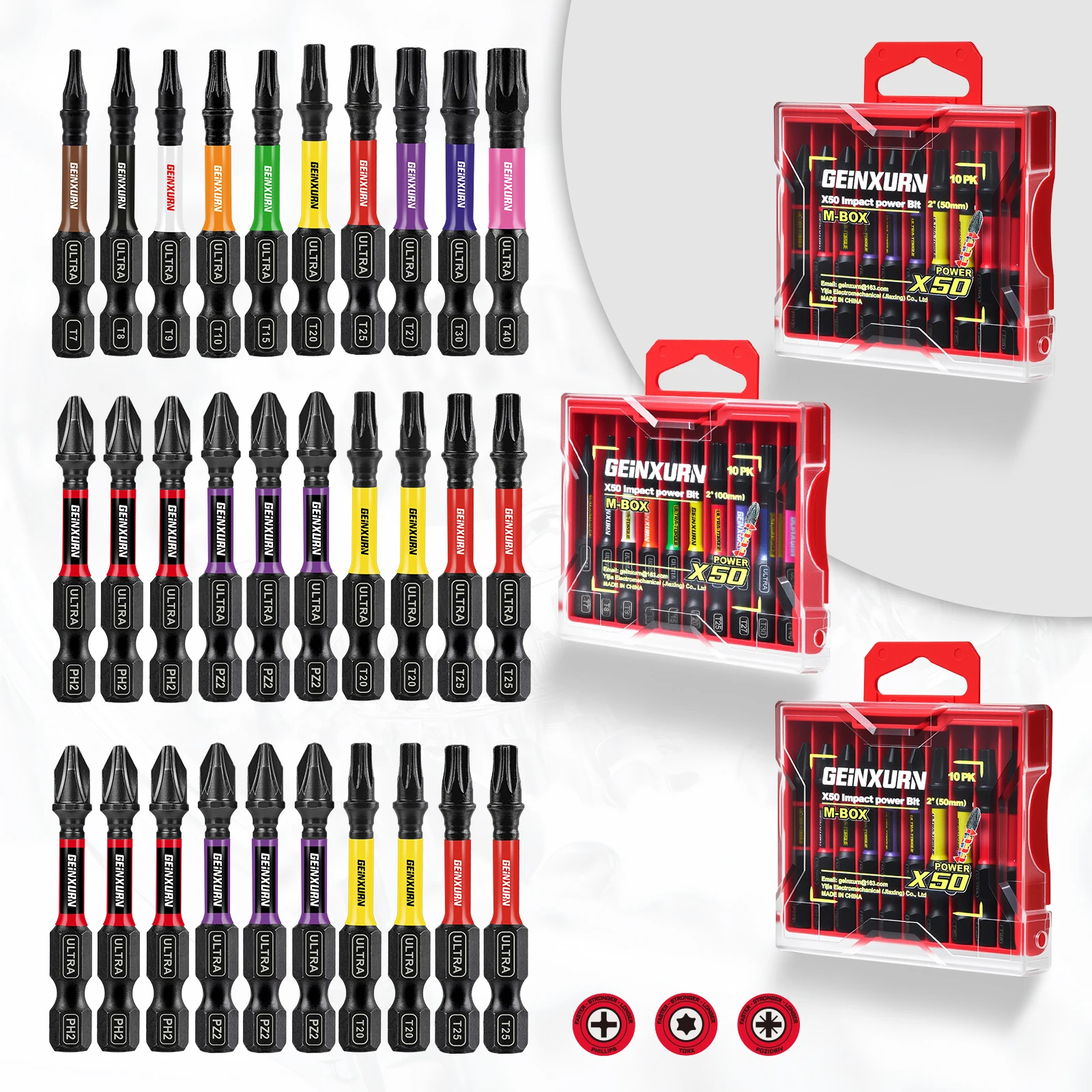 Geinxurn T7-T40 Impact Tough Magnetic Screwdriver Bit Set, PH2/PZ2 Power Bits, S2 Alloy Steel Bits with Storage M-Box
