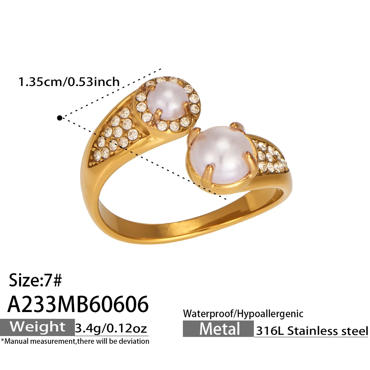 316L Edelstahlring, mehrlagig, mit Perlen und Zirkonia, tropfenförmig, offener Ring, 18 Karat vergoldet, schick, modern, zarter Schmuck für Damen – Detail 7