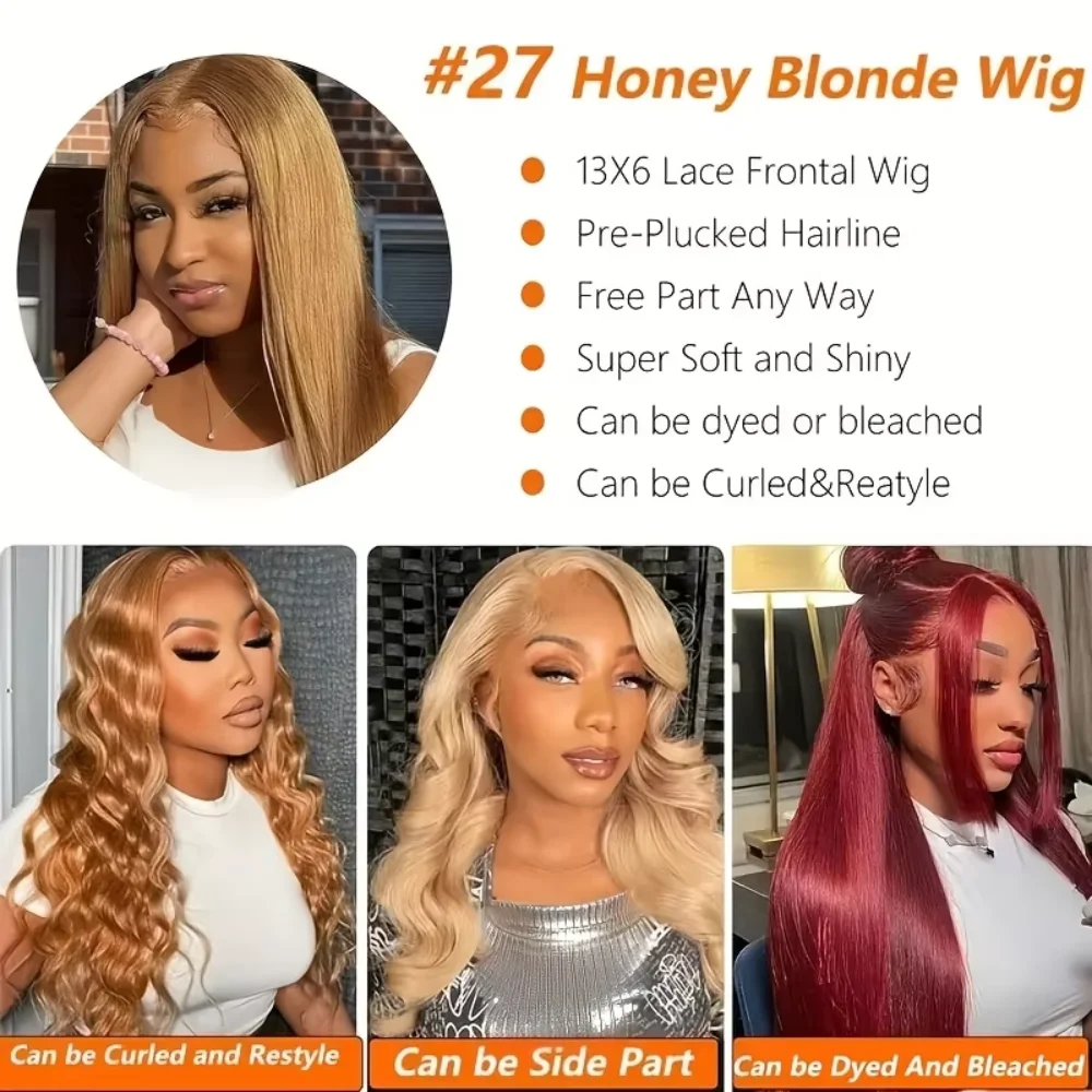 العسل شقراء العظام مستقيم 13x6 الدانتيل الشفاف الباروكة الأمامية قبل قطعها أومبير 27 الملونة 13x4 الدانتيل الجبهة الباروكات شعر الإنسان