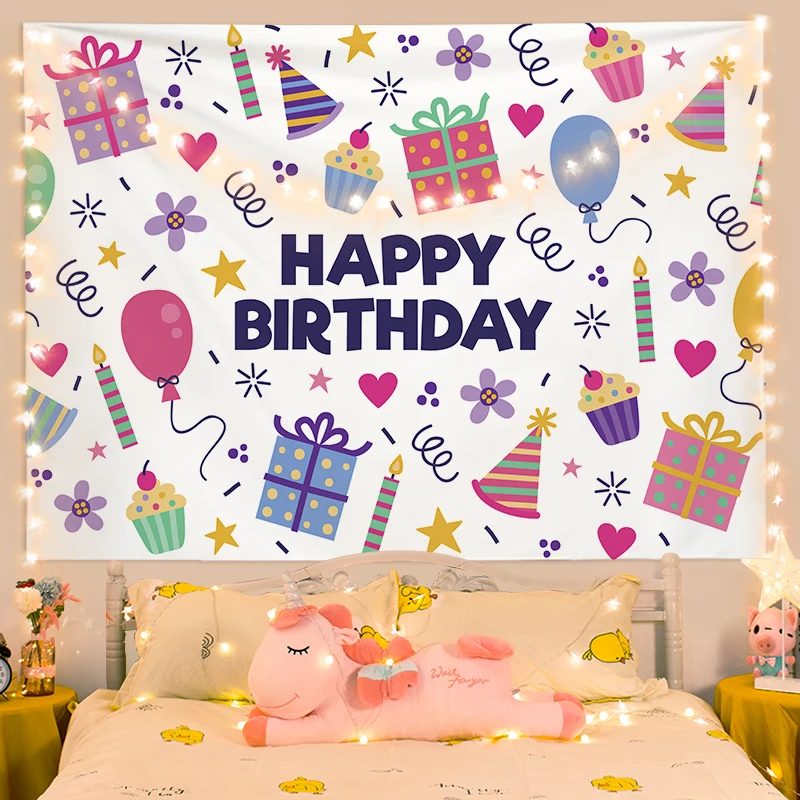 Happy Birthday Party Hanging Cloth Background Cloth Cute Cartoon Children's Party Decoration Ins Wallpaper Same Style tapestry