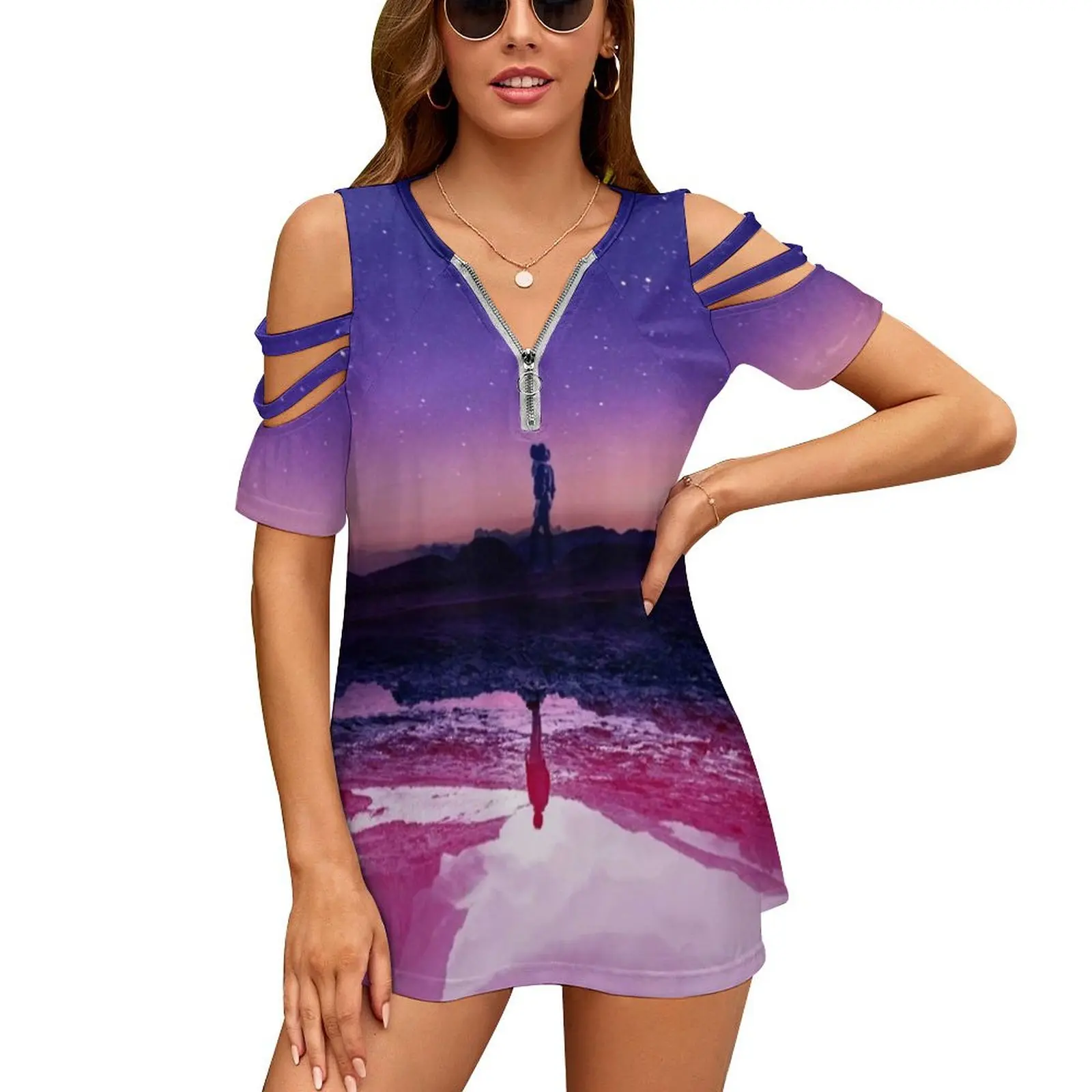 

Love Passengers Women'S T-Shirt Summer Fashion Print Floral V-Neck Zipper Tshirt Hollow Pullover Ladies Top Love Blue Purple