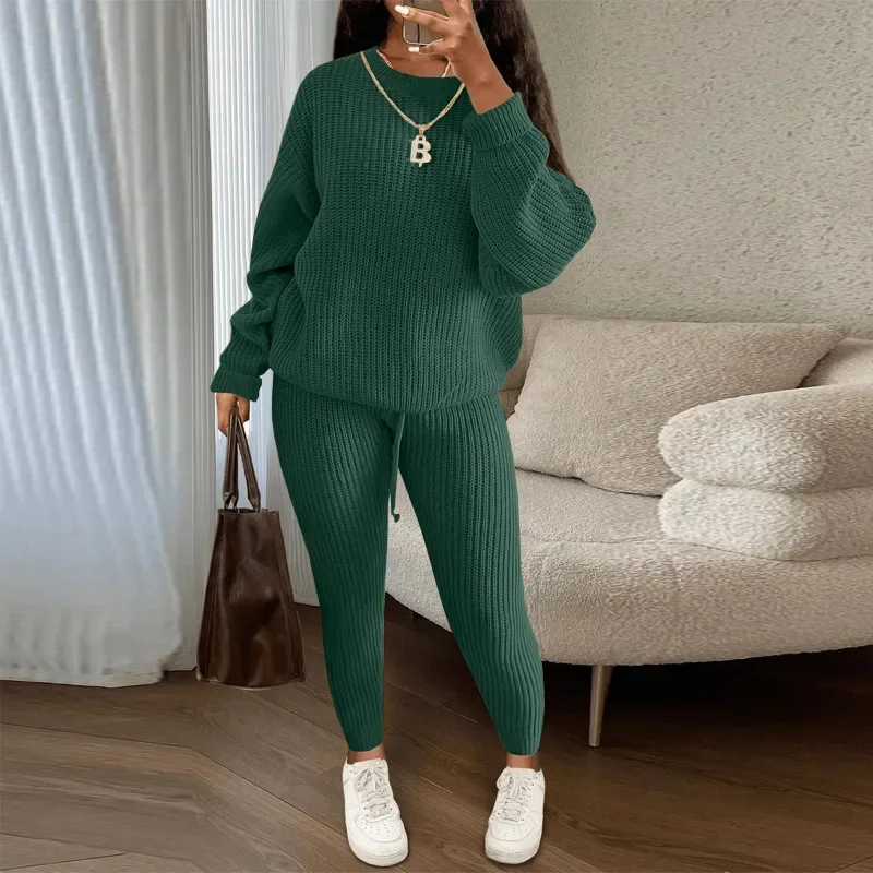 Spring and Autumn Home Fashion Casual Knitted Suit, Trousers Suit, Women\'s Wool Suit Crew Neck Pullover Long Sleeve Trousers