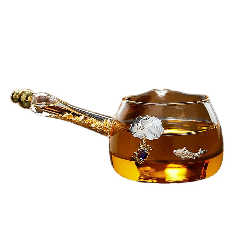 

Chinese retro thickened heat-resistant glass curium silver gold foil side handle male cup tea leak integrated set