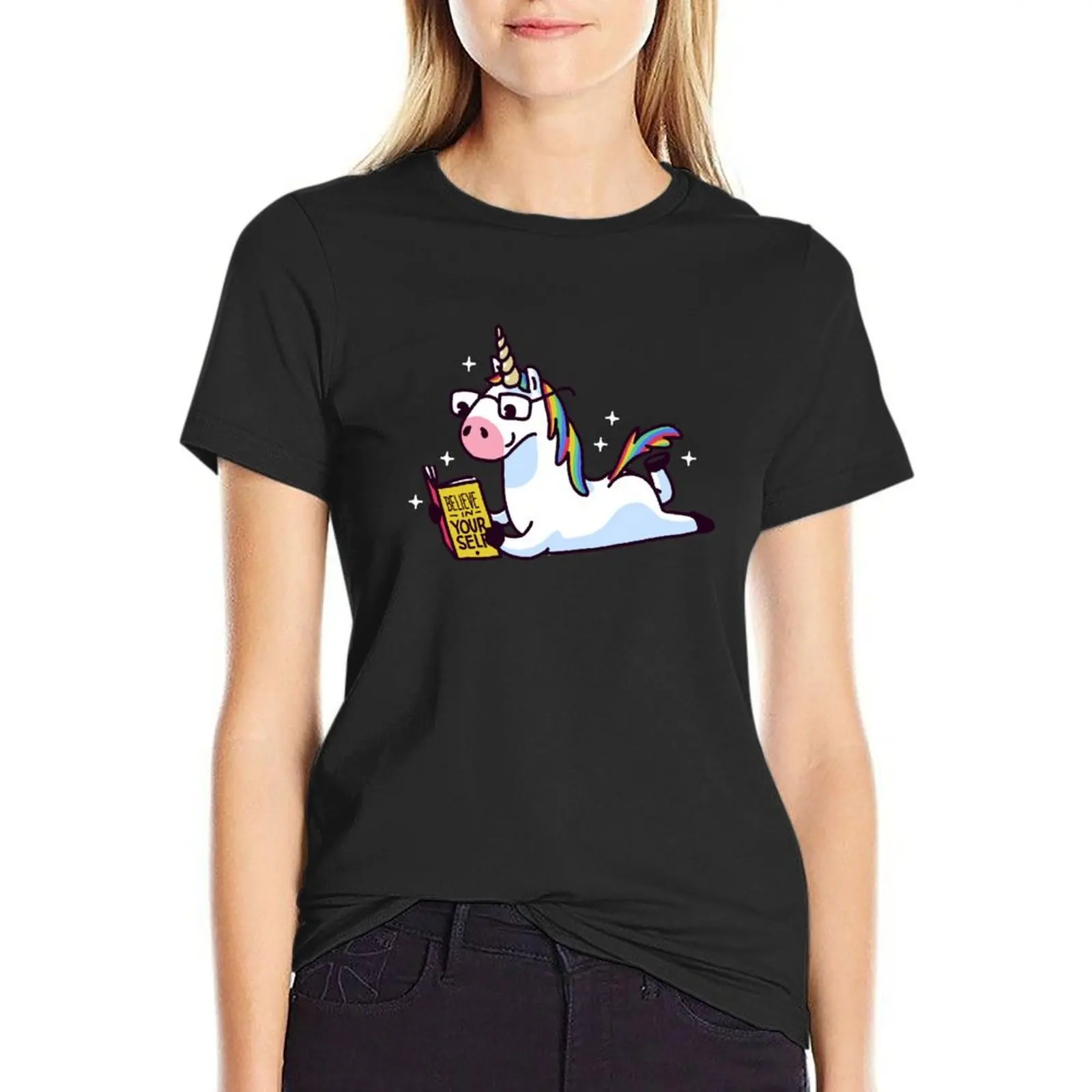 Unicorn Reading Book Believe in Yourself Floor T-Shirt shirts graphic tees hippie clothes white t-shirts for Women