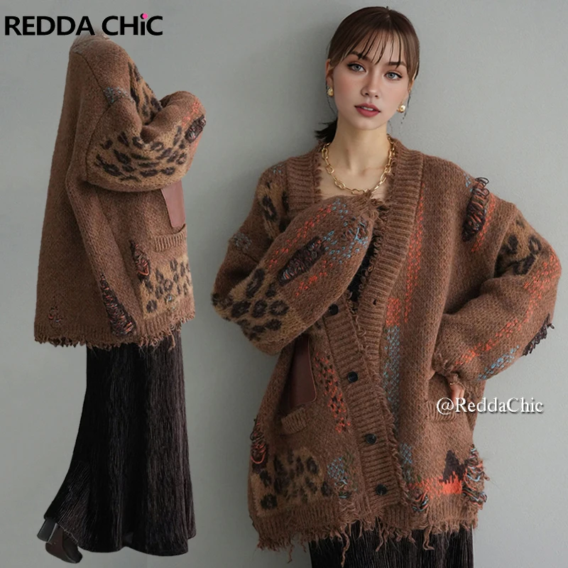 REDDACHiC Label Patchwork Leopard Cardigan Sweater Women Retro Ripped Tassels Button Down Knit Jacket Thick Warm Winter Outwear