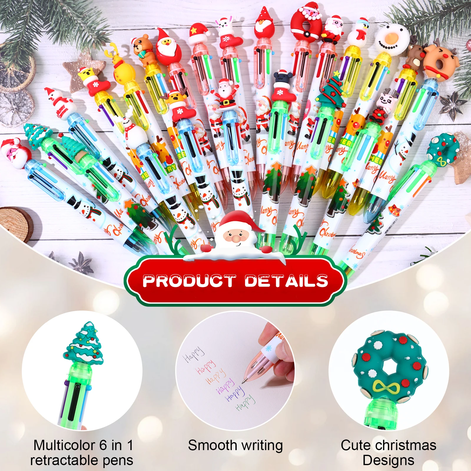 하이아베이 24개 크리스마스 6 in 1 다색 볼펜 다색 리트랙터블 펜 귀여운 만화 크리스마스 파티 선물 사무용품