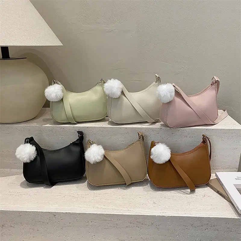 1Pcs Trendy And Simple Solid Color New Small Square Bag High Quality Fashion Single Shoulder Armpit Bag With Hairball
