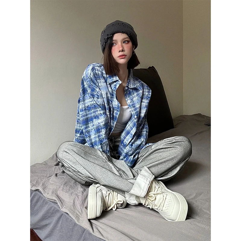 Blue Tie Dye Plaid Men's Shirt Summer American Retro 2024 New High End Cool Shirt Jacket Loose Fit Long Sleeve Turn down Collar