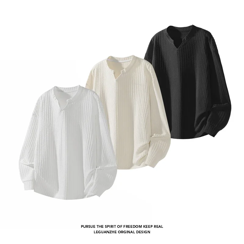 Autumn Male V Notch Neck Long Sleeve Top Vertical Striped Woven Fabric Relaxed Cut Urban Travel Daily Commute Garment - view 5