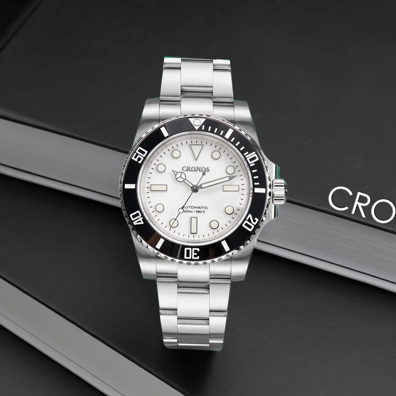 Cronos Sub Diver Men Watch White Dial No Date NH35 Brushed Bracelet Ceramic Bezel 200 meters Water Resistant Glideclasp