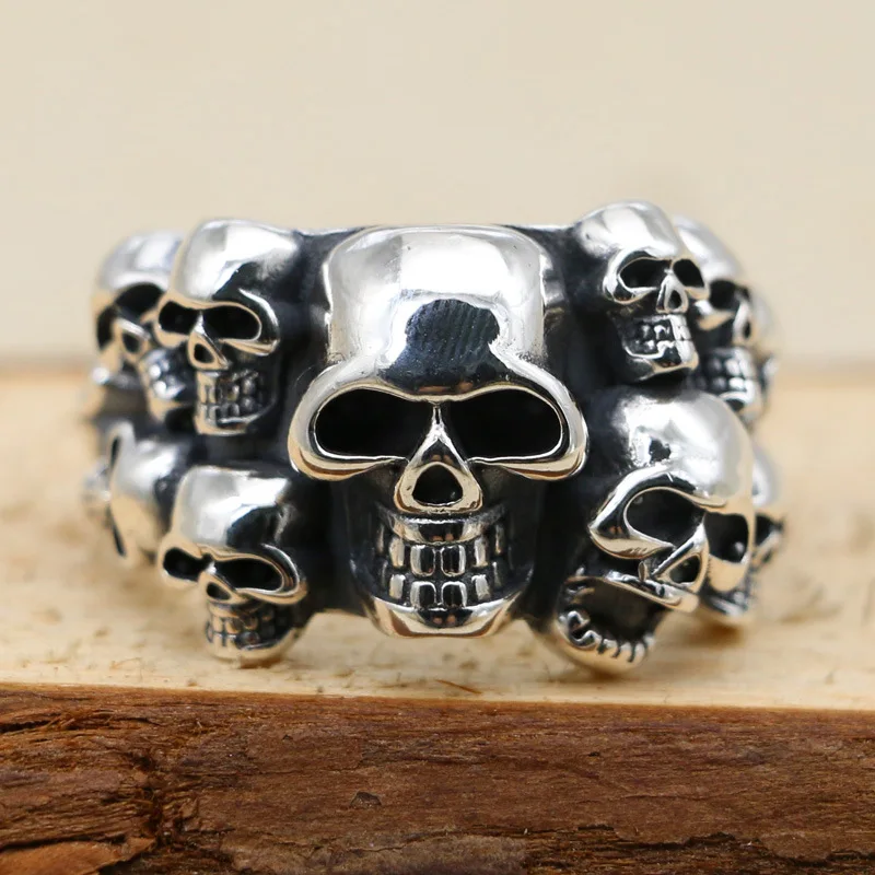 

Sterling Silver Skull Head Ring Opening European and American Punk Rock Style Jewelry Fashion Men's Gothic Thai Silver Big Ring