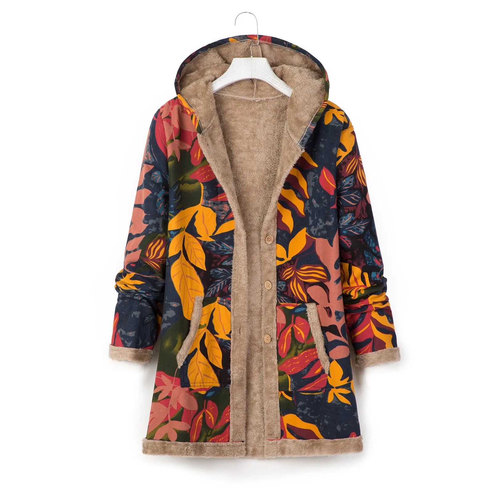 Women Fashion Ethnic Printing Cardigan Splicing Cotton And Linen Hooded Long Sleeves Mid-Length 2024 Outwear Hot Selling Coat