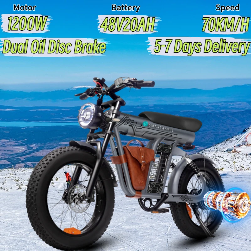 ZM21 Electric Motorcycle 1200W Motor 48V20AH Lithium Battery 20*4.0 Fat Tire Double Oil Disc Brake Off-Road Mountain Snow E-Bike