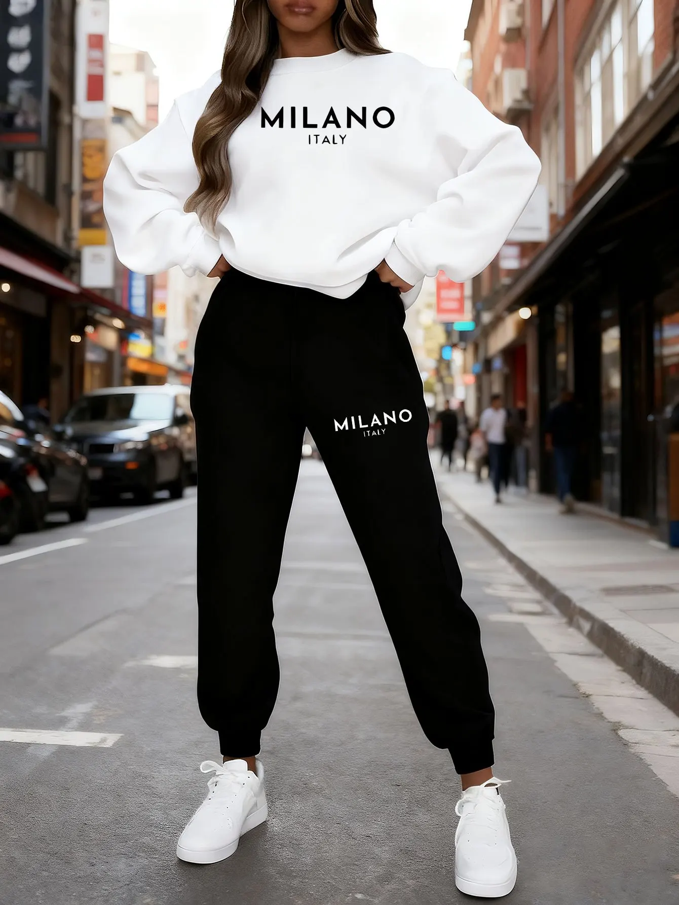 Women's autumn and winter fashion casual MILANO ITALIA printed and plush thick warm hooded sweatshirt+sports pants set