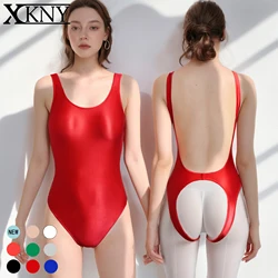 Masked staffs One piece swimsuit sexy tight high elastic oily glossy swimsuit solid color Open crotch silky bikini