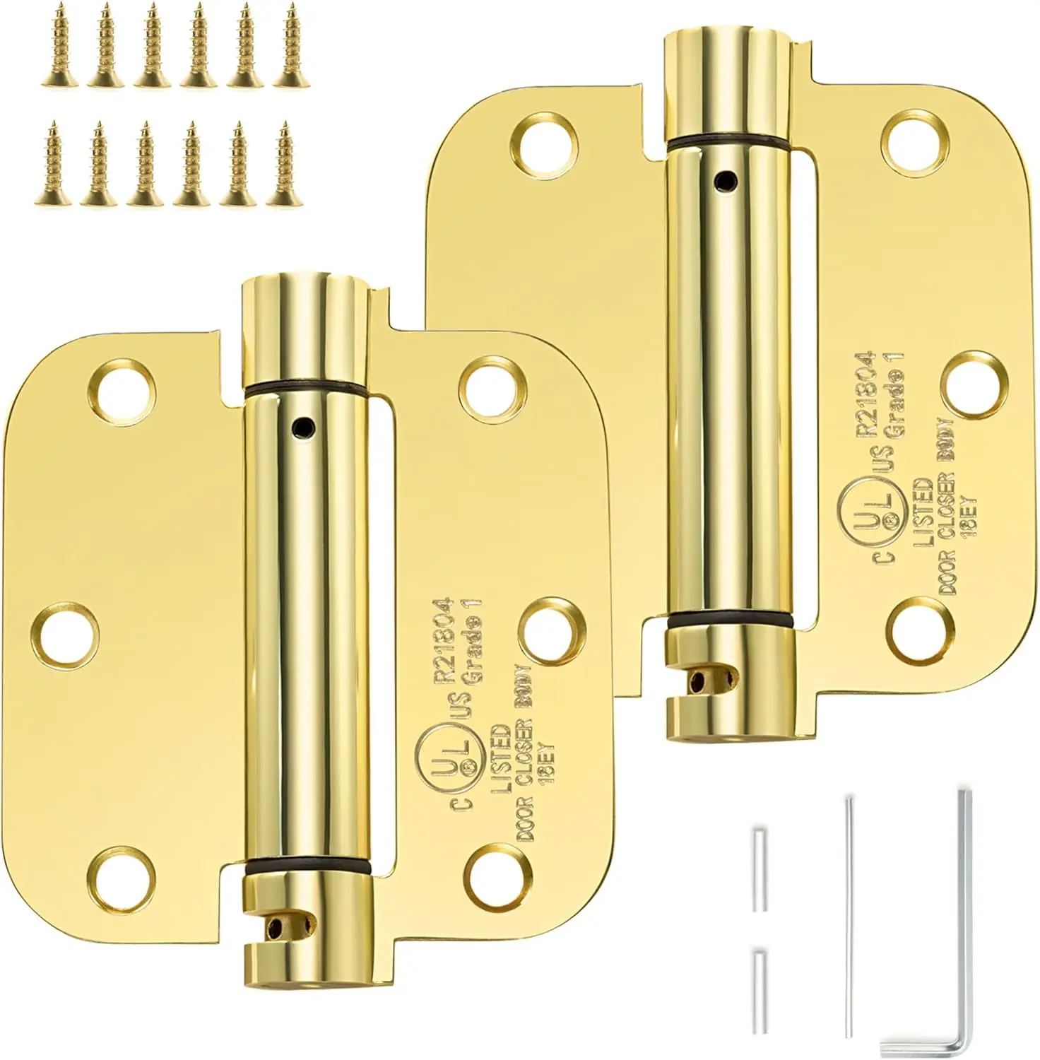 

Self-Closing Door Hinge 3.5" Rounded 5/8" Radius, Spring Loaded Adjustable Tension for Interior Doors, 2 Pack, Polished Brass