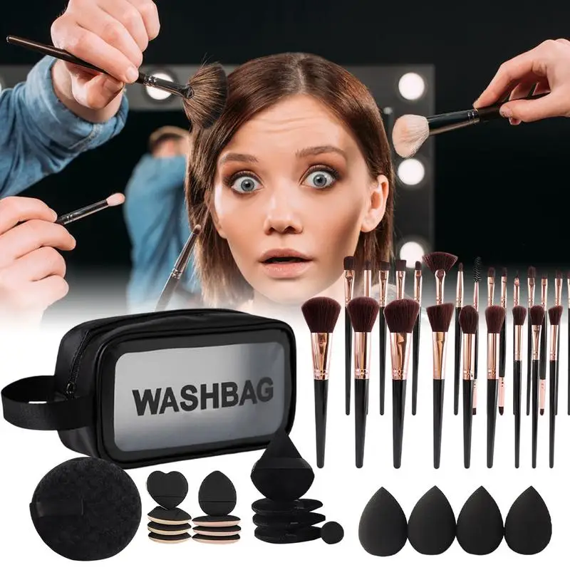 Reismake-upborstelset Set van 47 Make-upborstels met etui Professionele gezichtsmake-up Blenders Oogmake-up Sponzen Poederdons