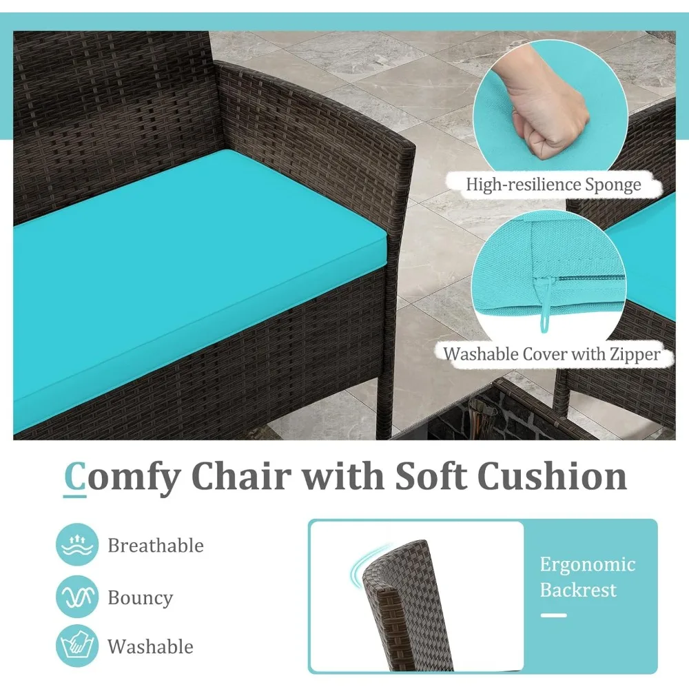 4 Piece Patio Furniture Set, Outdoor Rattan Conversation Set with Loveseat, Wicker Chairs, Tempered Glass Coffee Table