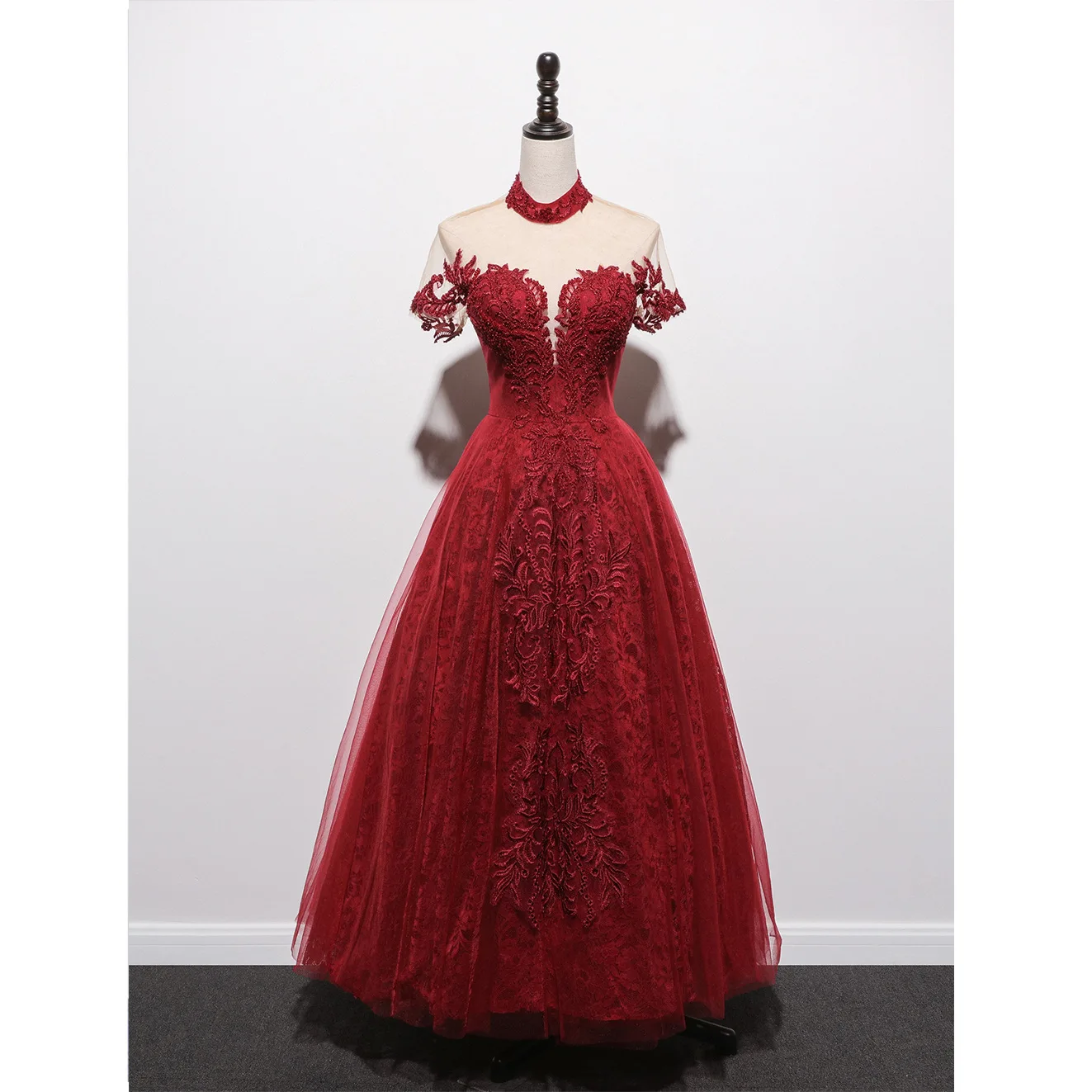 

2022 Women Burgundy Lace Beading Wedding Gown Formal Sexy Backless Long A-line Tulle Prom Dress Toast Clothing Vestidos