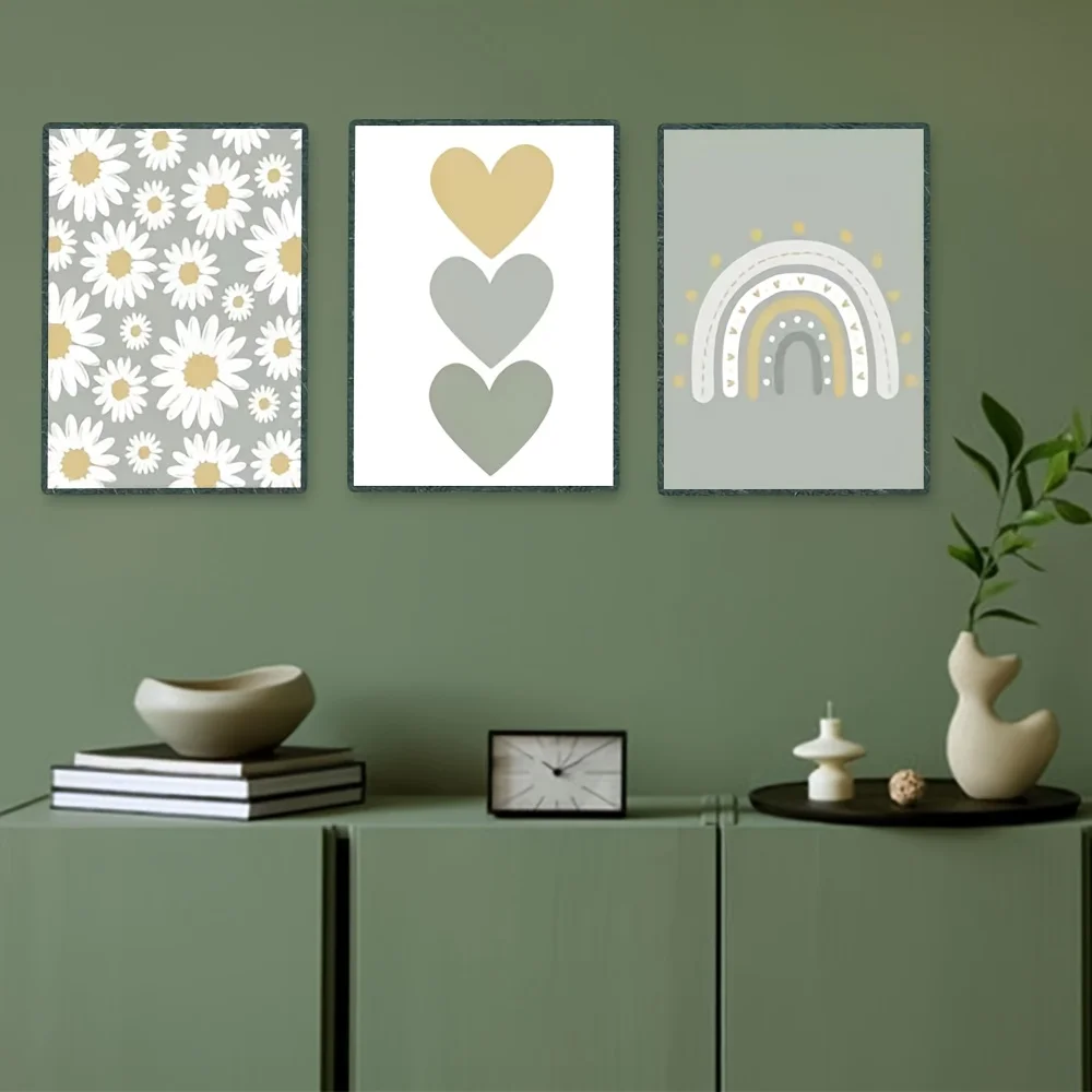 2D Flat, 2D Flat 3pcs Boho Minimalist Art Print Set – Daisy Flowers, Heart Shapes, and Rainbow, Soft Green and Yellow Color P