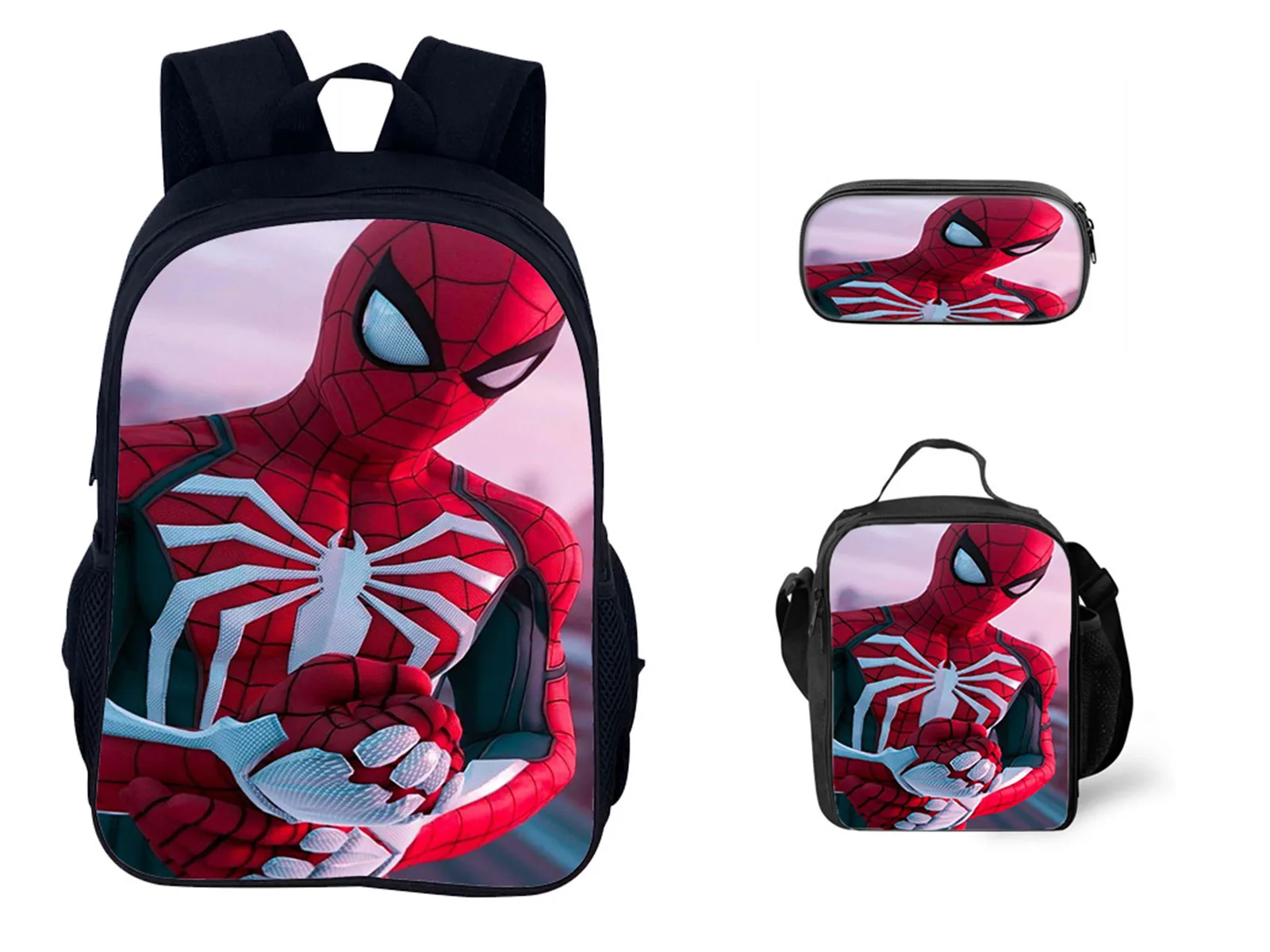 

Spider Man Fashion Canvas Backpack,Reusable Lunch Box,Pen Case 3Pcs Set,Little Children Classsic Bookbag for School Travel