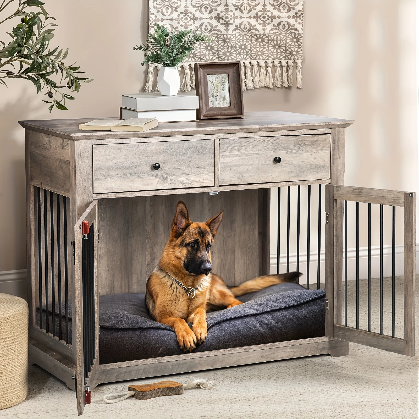 

44 Inch Large Wooden Dog Crate Furniture - Sturdy Pet Kennel End Table with Ample Storage Drawers, Decorative Indoor Dog House