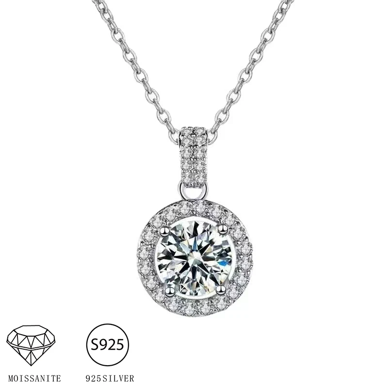 925 Sterling Silver 1-2 Carat Moissanite Round Pendant Necklace Clavicle Chain Ladies Fashion Souvenir Birthday Gift for Mom