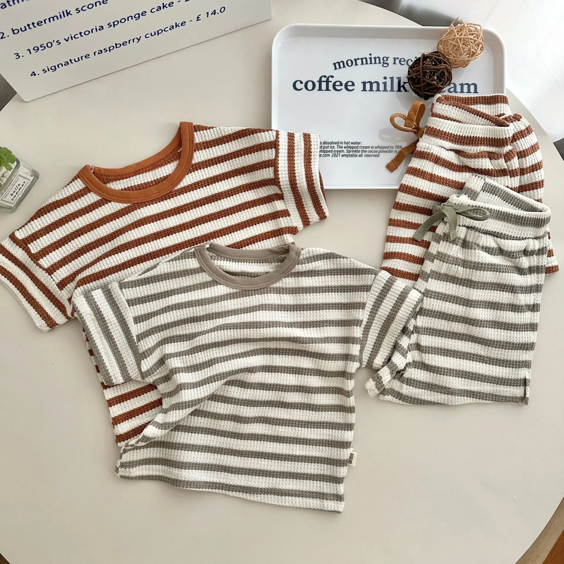 2024 Summer New Baby Short Sleeve Clothes Set Toddler Girl Casual T Shirts + Shorts 2pcs Suit Kids Boys Waffle Striped Outfits