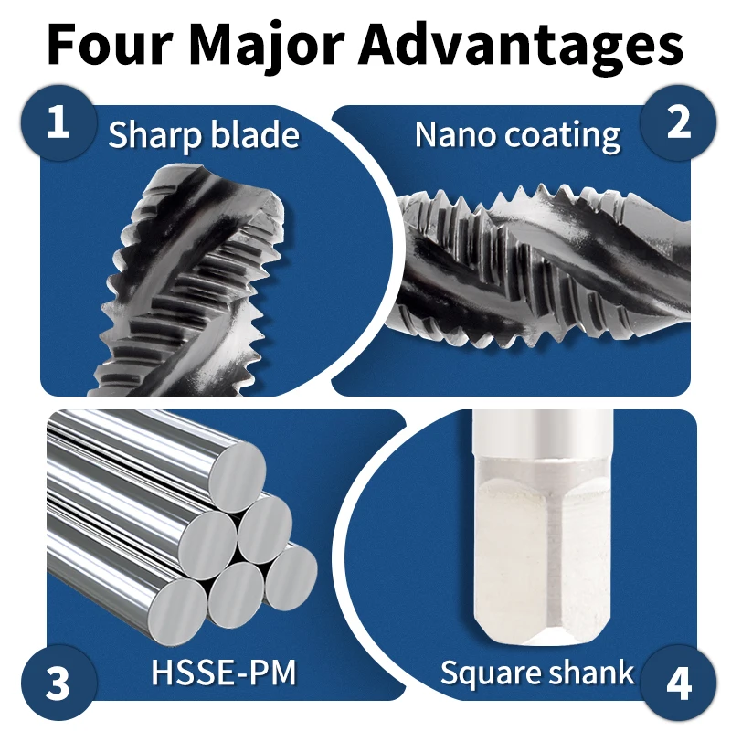 HSSE-PM JIS Standard Extended Spiral Flute Tap 80L 100L M2 M3 M4 M5 M6 M8 M10 M12 Machine Screw Thread Tap for Stainless Steel