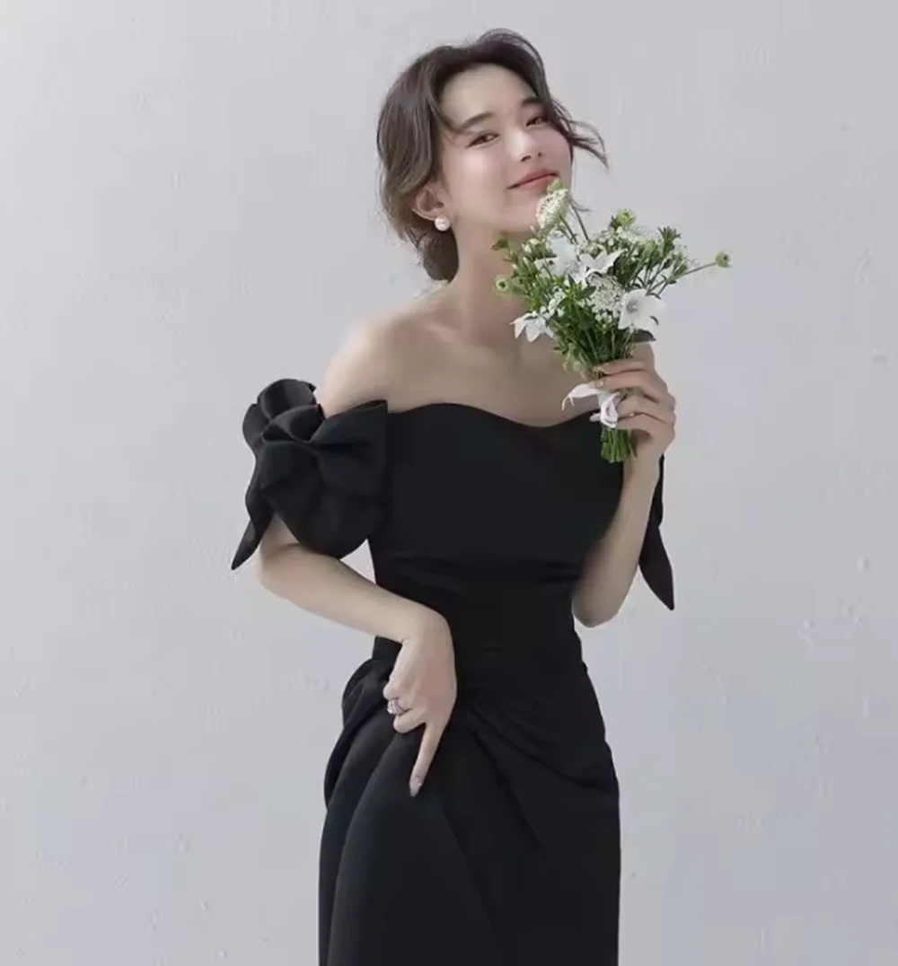 فستان زفاف من الساتان مكشوف الكتفين 2024 فستان زفاف جديد أسود رسمي على شكل حرف A للحفلات الراقصة حسب الطلب