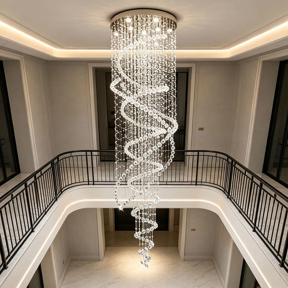 Modern Spiral Crystal Chandelier Long Waterfall Pendant Light Villa Duplex Staircase LED Ceiling Lamp For Foyer Lobby Home Decor