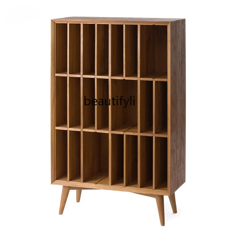 

Nordic Mid-Ancient Style Floor Shelf Bookshelf Multi-Grid Storage Cabinet Solid Wood Bookcase Teak Designer