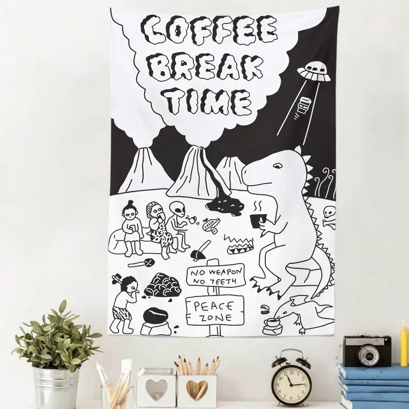 VIKAMA Black White Graffiti Dinosaur Coffee Tapestry, Ins Retro Fun Wall Hanging for Bedroom Living Room Dorm Decor